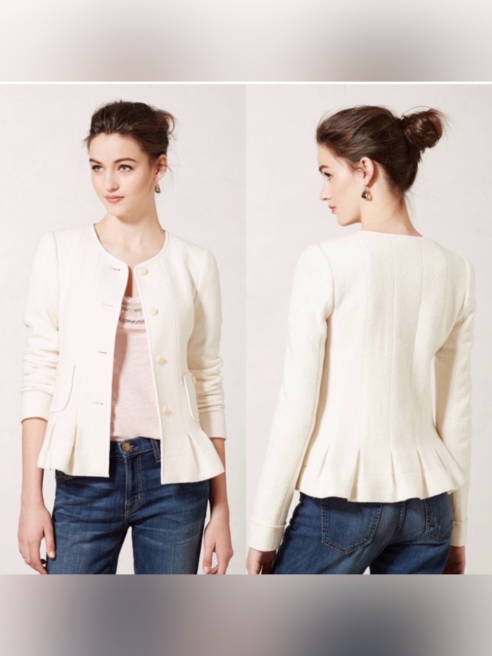 Anthropologie Elevenses Francis Ivory Wool Peplum Jacket Size 8